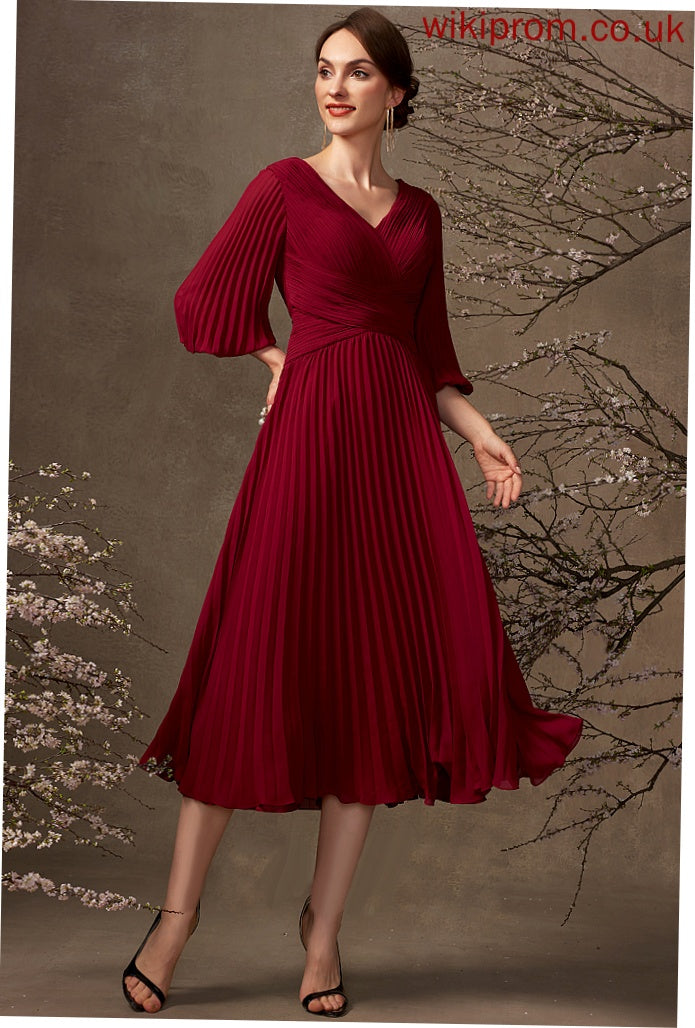 V-neck Chiffon With Cocktail Tea-Length Cocktail Dresses A-Line Dayana Pleated Dress