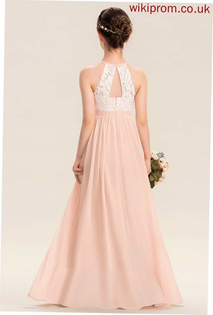 Summer A-Line Floor-Length Chiffon Scoop Lace Junior Bridesmaid Dresses Neck