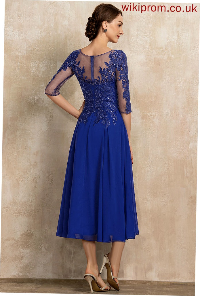 Cocktail Dresses A-Line Scoop Lace With Cocktail Maria Sequins Chiffon Tea-Length Neck Dress