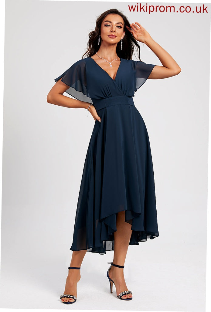 Sash Cocktail Dresses With Cocktail Chiffon Asymmetrical A-Line V-neck Jazmyn Dress