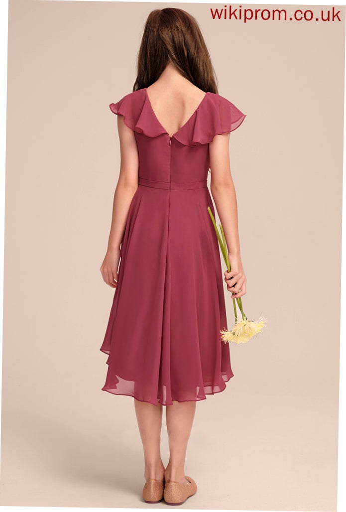 Ruffles With Josephine Cascading Junior Bridesmaid Dresses Chiffon A-Line V-neck Asymmetrical