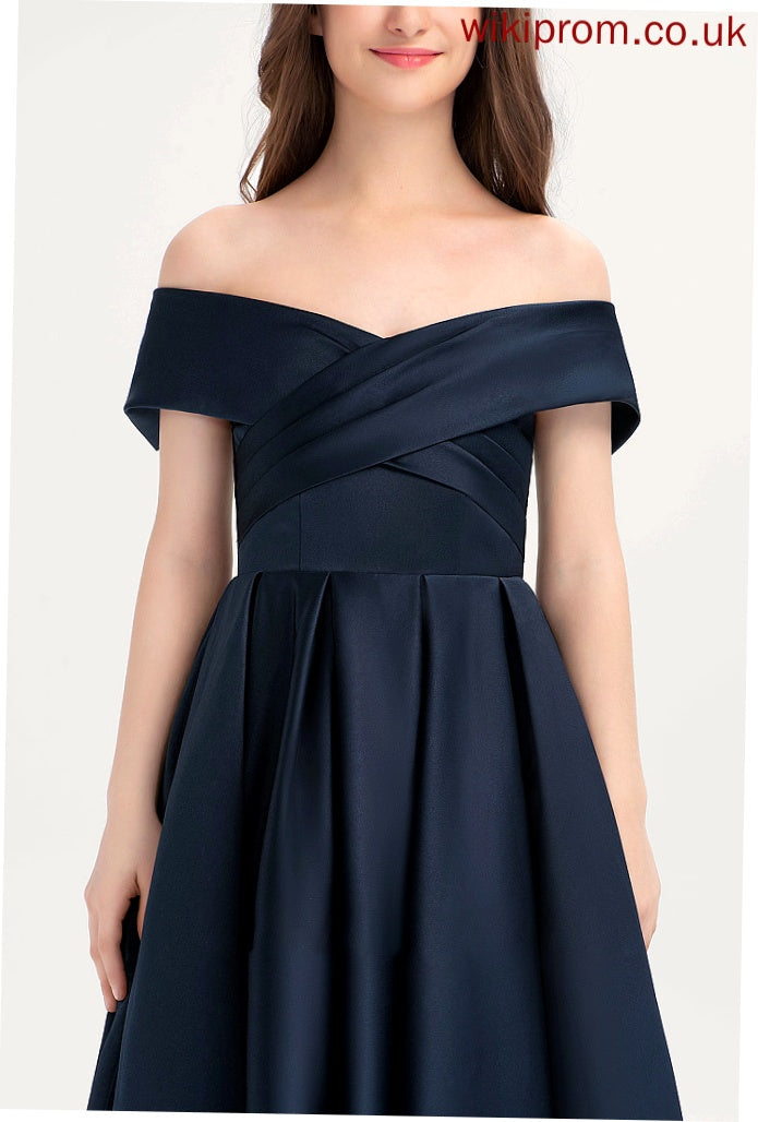 With A-Line Satin Tea-Length Ruffle Off-the-Shoulder Junior Bridesmaid Dresses Pamela Pockets