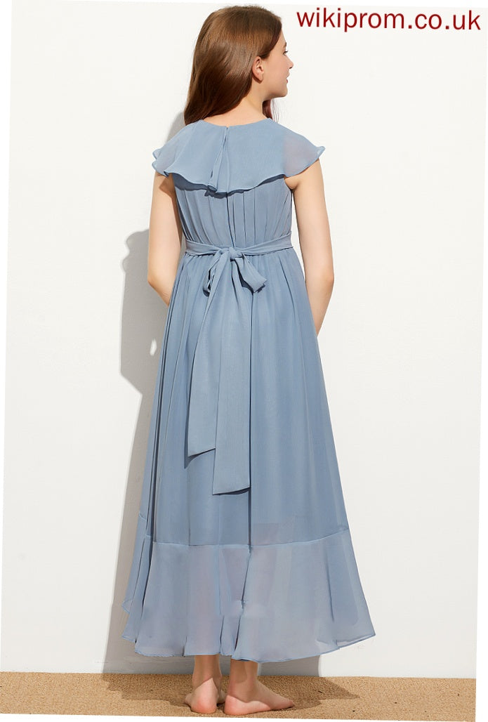 Chiffon Bow(s) Ruffles Cascading V-neck With A-Line Vivien Junior Bridesmaid Dresses Asymmetrical