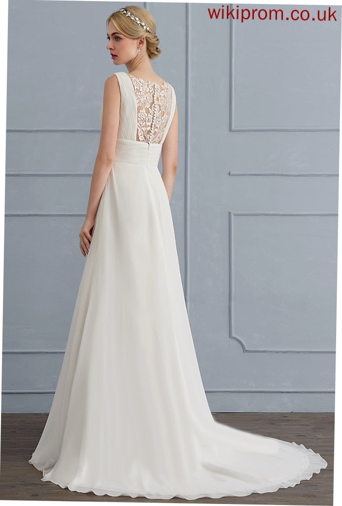 Dress Lace A-Line Wedding Danica Wedding Dresses Train Ruffle V-neck Sweep With Chiffon