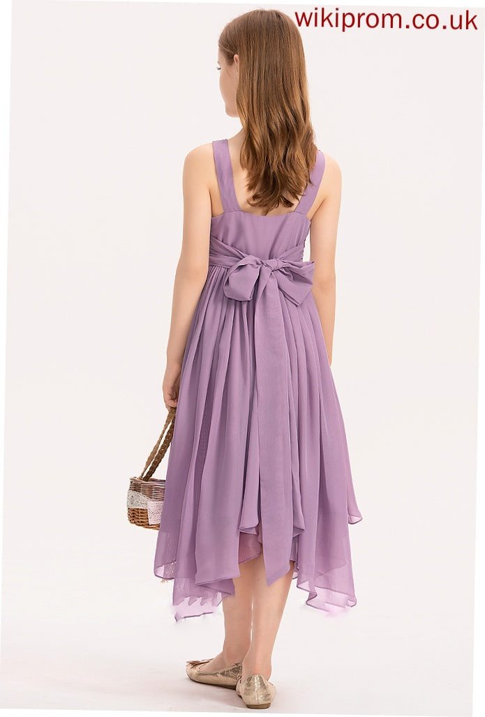 Ruffle Danika Tea-Length Beading With Neck A-Line Junior Bridesmaid Dresses Bow(s) Chiffon Scoop