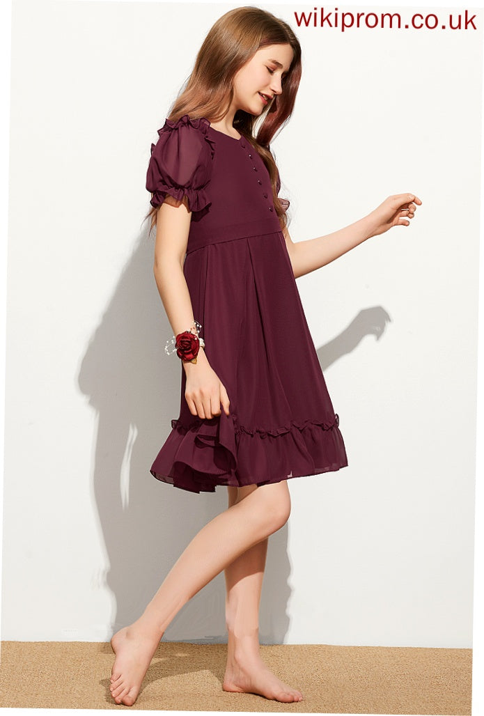 Knee-Length Junior Bridesmaid Dresses Chiffon Londyn Cascading Scoop Neck Ruffles Bow(s) With A-Line