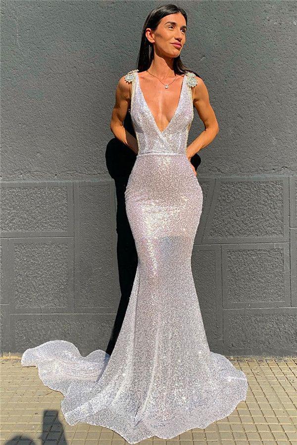 Sexy Deep V Neck Sequined Prom Dresses, Stunning Backless Mermaid Evening Dresses SWK15595