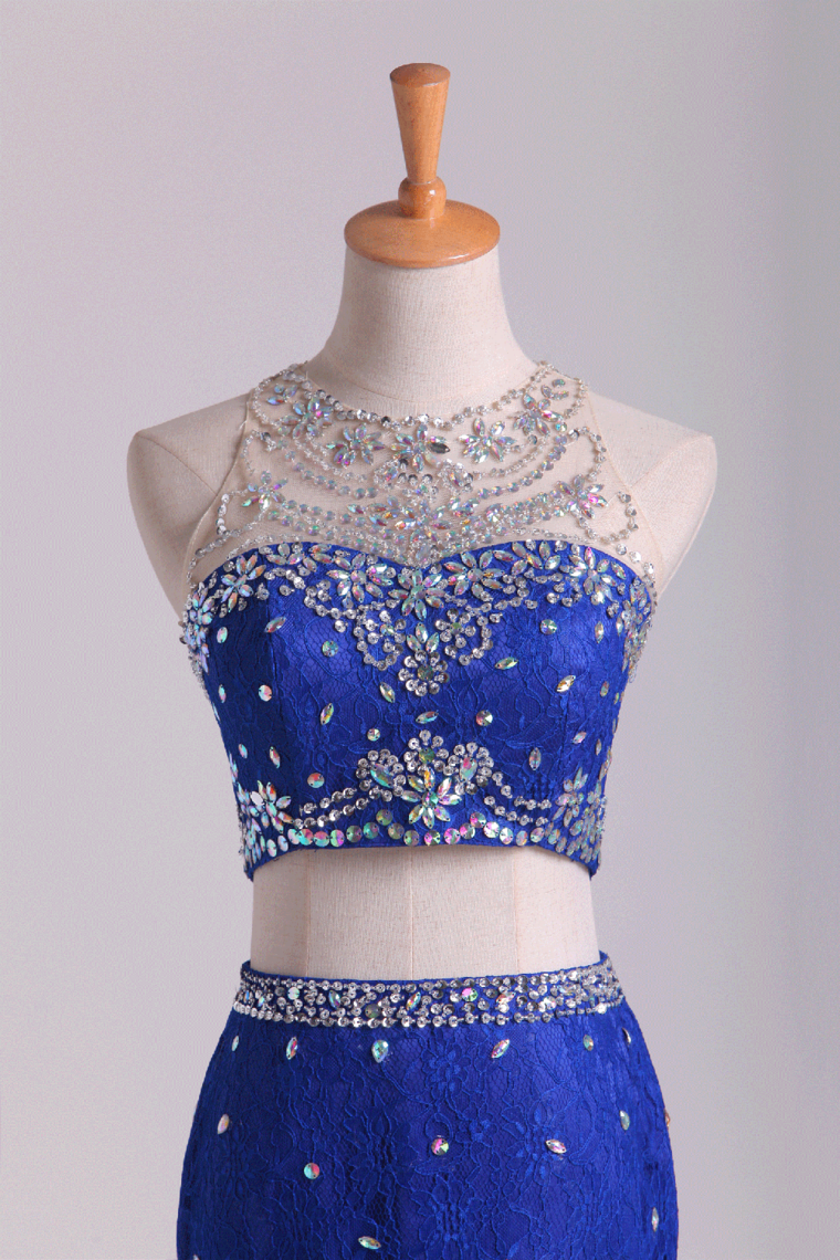 Two-Piece Scoop Mermaid Prom Dresses With Beading Lace Dark Royal Blue