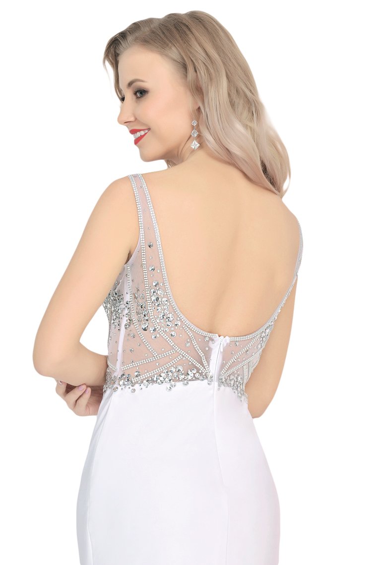 Spandex V Neck Beaded Bodice Mermaid Sweep Train Prom Dresses See-Through