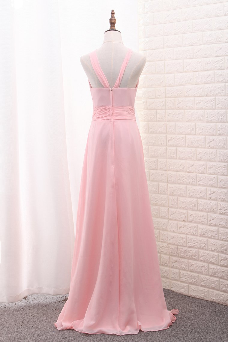 Scoop A Line Chiffon Bridesmaid Dresses With Ruffles And Slit Floor Length