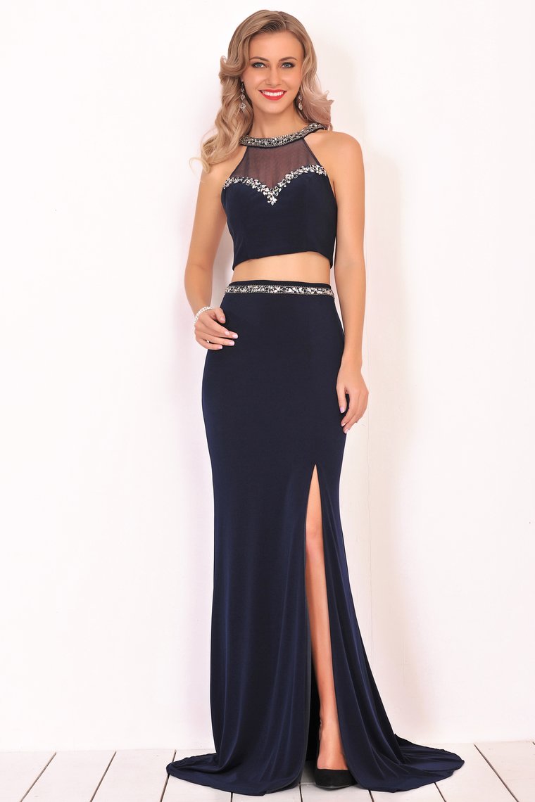 Two-Piece Scoop Spandex Prom Dresses Mermaid With Beading