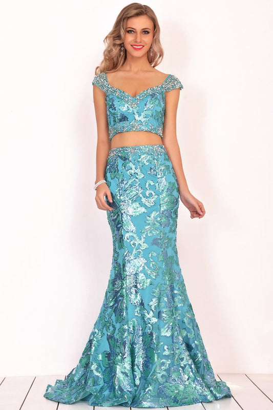 Mermaid Cap Sleeves Tulle Prom Dresses With Beads&Sequins Sweep Train