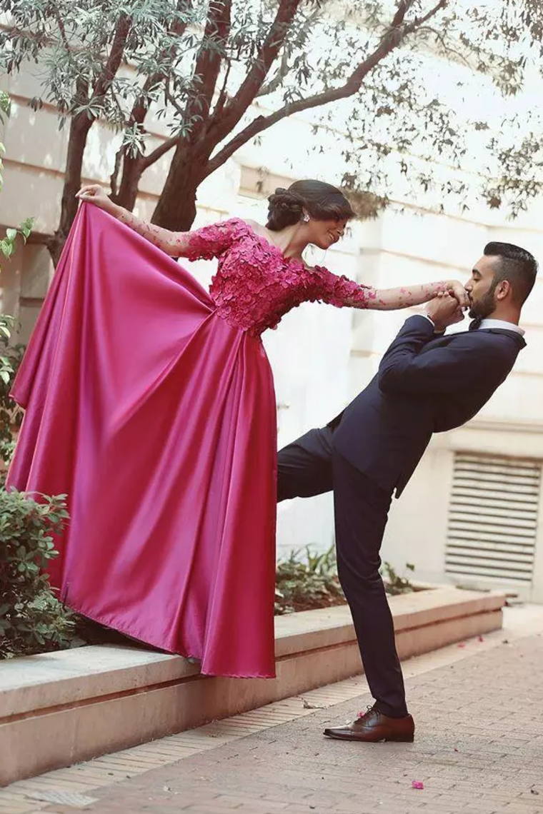 A Line Prom Dresses Scoop Long Sleeves Satin With Applique Sweep Train