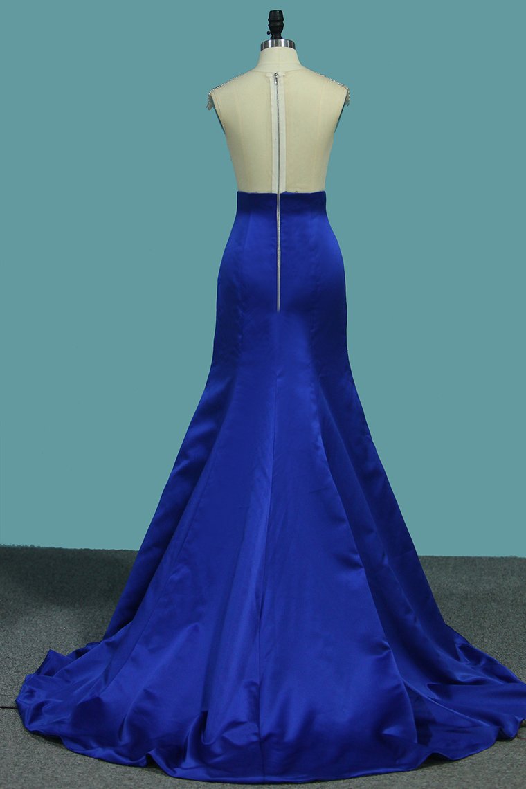 Satin Mermaid V Neck Beaded Bodice Prom Dresses Sweep Train