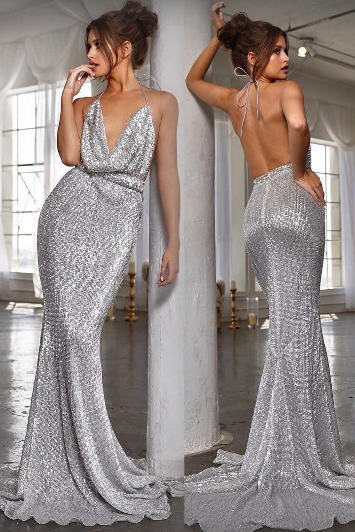 Sexy Mermaid Deep Neck Halter Backless Sequins Prom Dresses Long Formal Dresses SWK15338