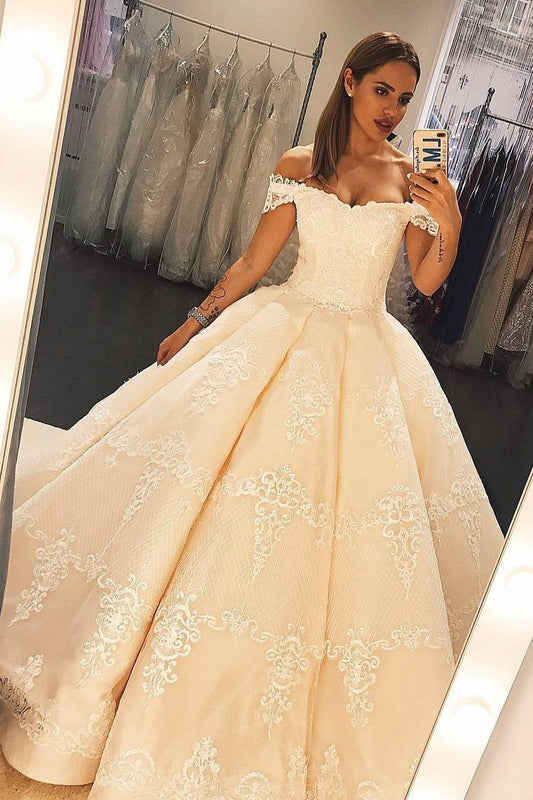 Off The Shoulder A Line Satin Wedding Dresses With Appliques Sweep Train