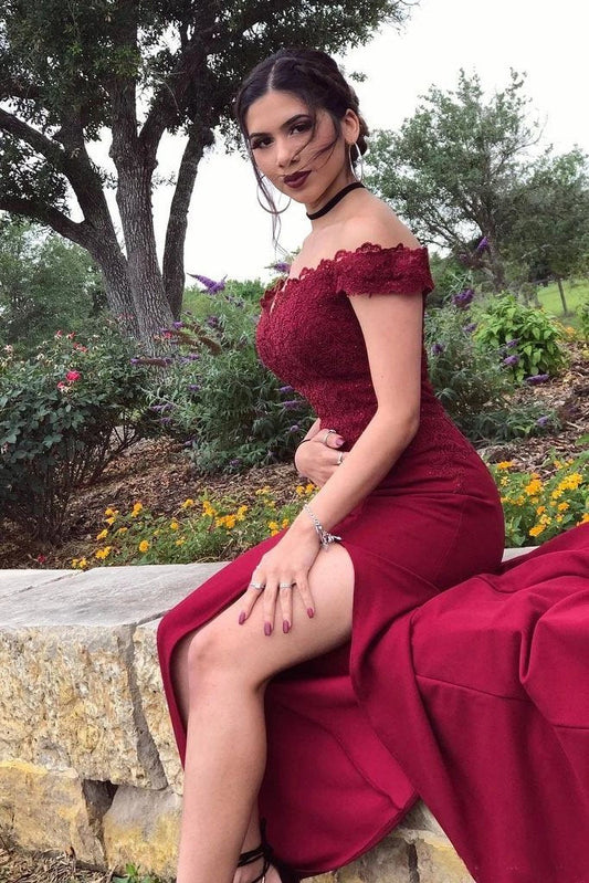 Mermaid Off the Shoulder Burgundy Prom Dresses with Slit, Lace Appliques Evening Dress SWK15264