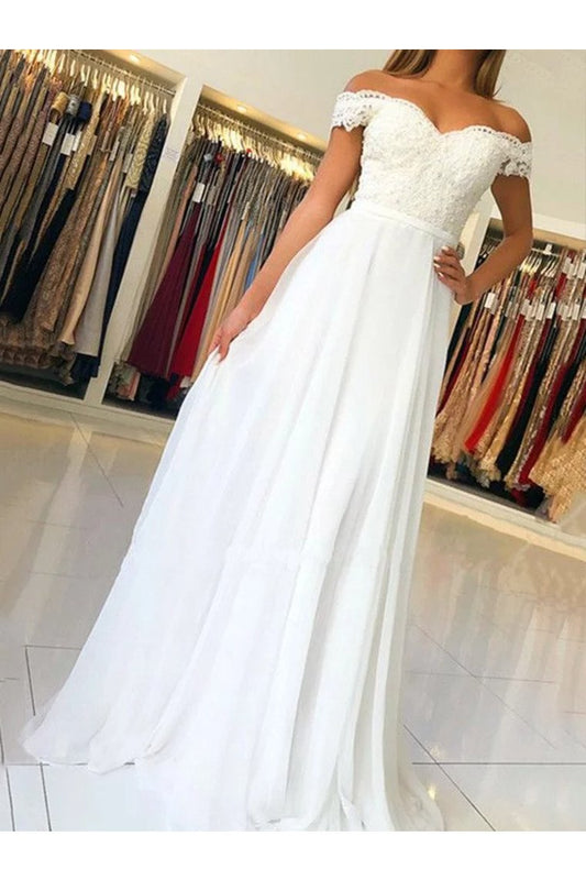 A-Line/Princess Sleeveless Off-The-Shoulder Floor-Length Applique Chiffon Dresses