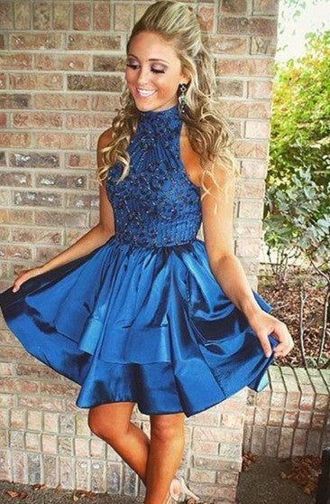 Pretty A-line High Neck Above-knee Beaded Dark Blue Backless Short Homecoming Dresses WK165