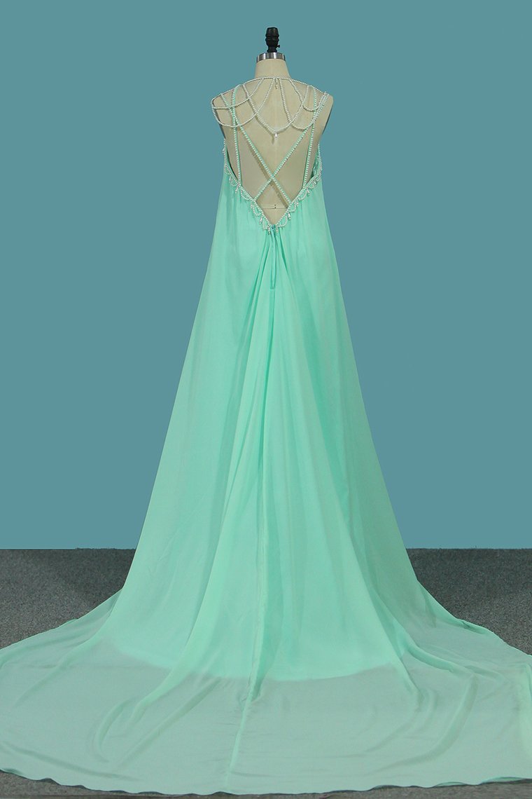 Sexy Open Back Spaghetti Straps A Line Chiffon With Pearls Prom Dresses