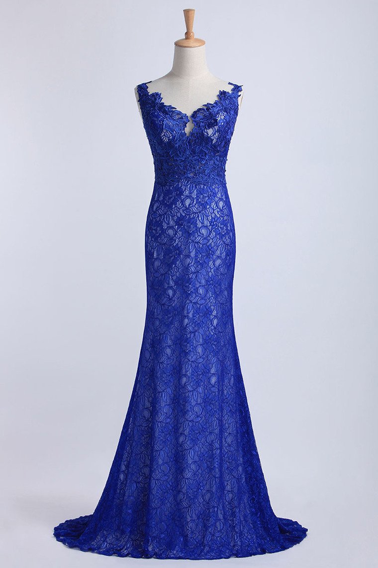 Evening Dresses Bateau Mermaid With Deep V Shape Back Lace&Tulle Dark Royal Blue