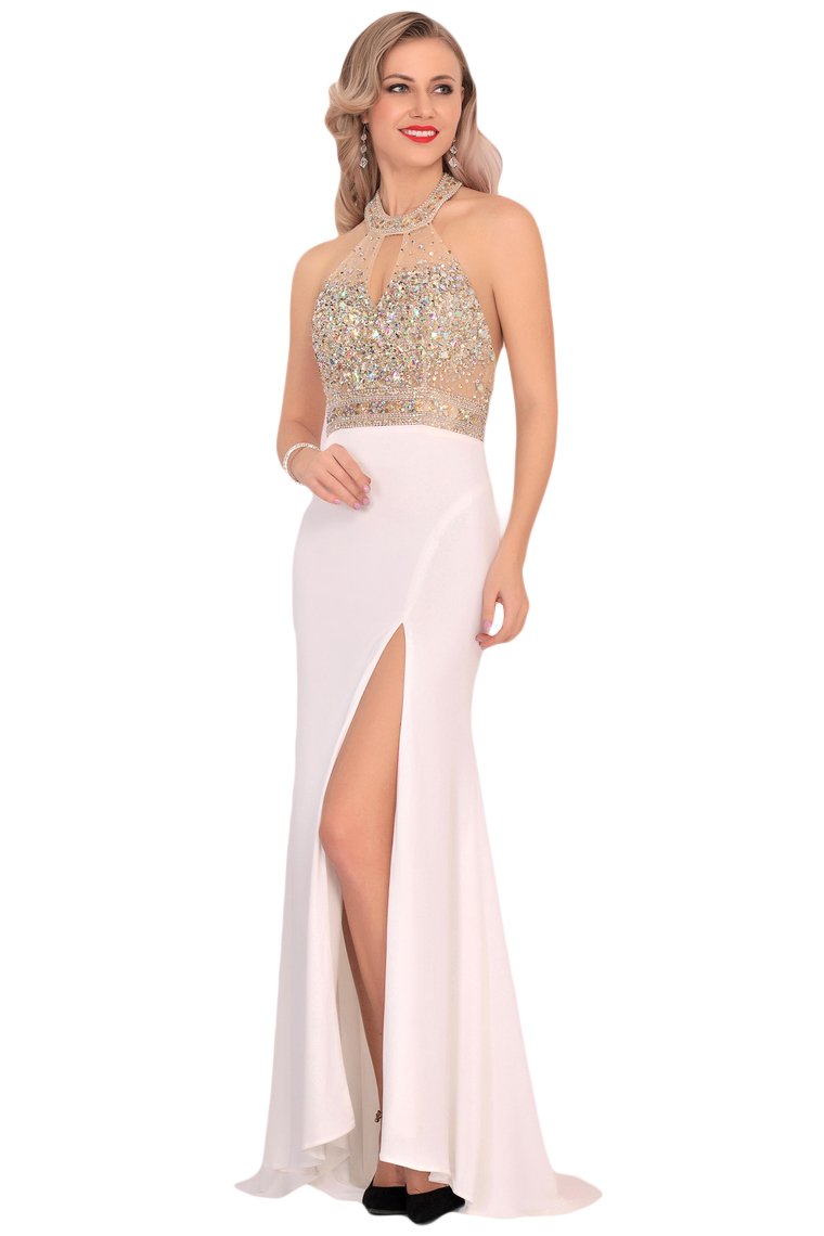 Spandex Halter Beaded Bodice Mermaid Sweep Train Prom Dresses With Slit