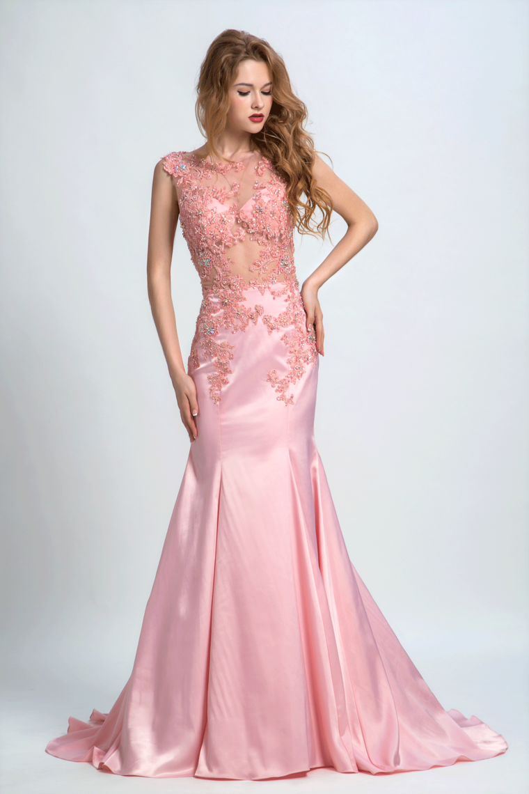 Prom Dresses Scoop Mermaid Elastic Satin With Applique And Beads Sweep Train