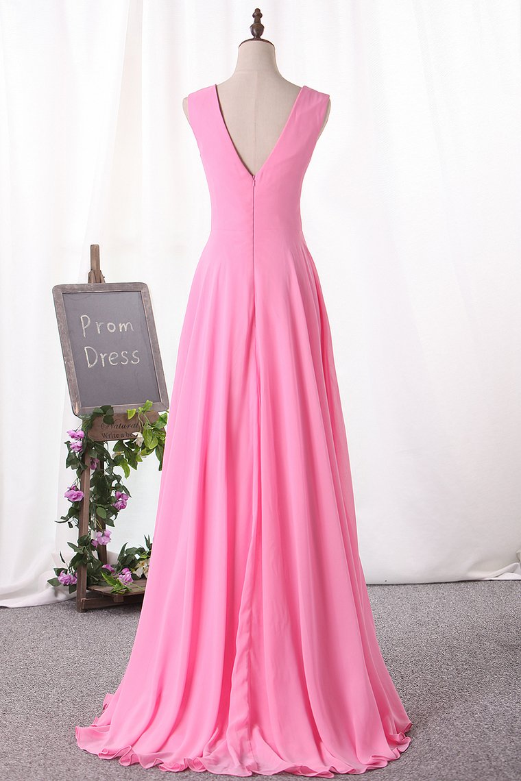 Prom Dresses V Neck Chiffon With Slit A Line Sweep Train