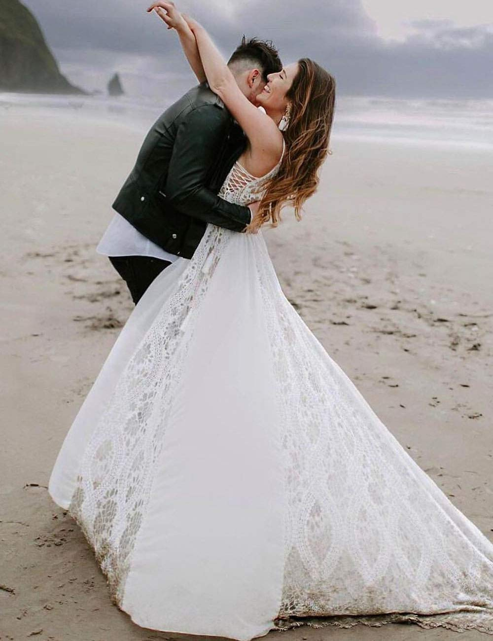 Bohemia Long V-neck Backless Elegant Beach Lace Wedding Dresses