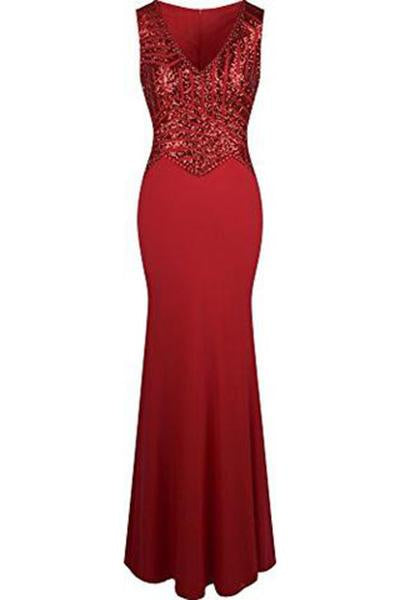 V Neck Sequin Beading Mermaid Sheath Long Prom Dresses WK198