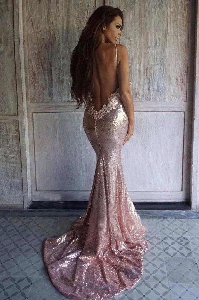 Sexy Rose Gold Sequins Mermaid Long Prom Dresses Spaghetti Straps Backless Party Dresses SWK15349