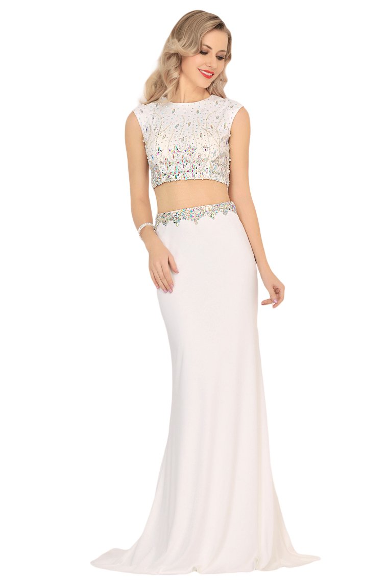 Spandex Scoop Beaded Bodice Mermaid Sweep Train Prom Dresses