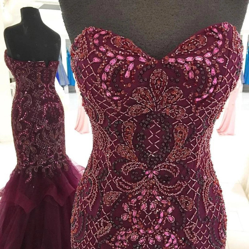 Strapless Sweetheart Long Tulle Mermaid Beads Prom Dresses, Maroon Formal Dresses SWK15433