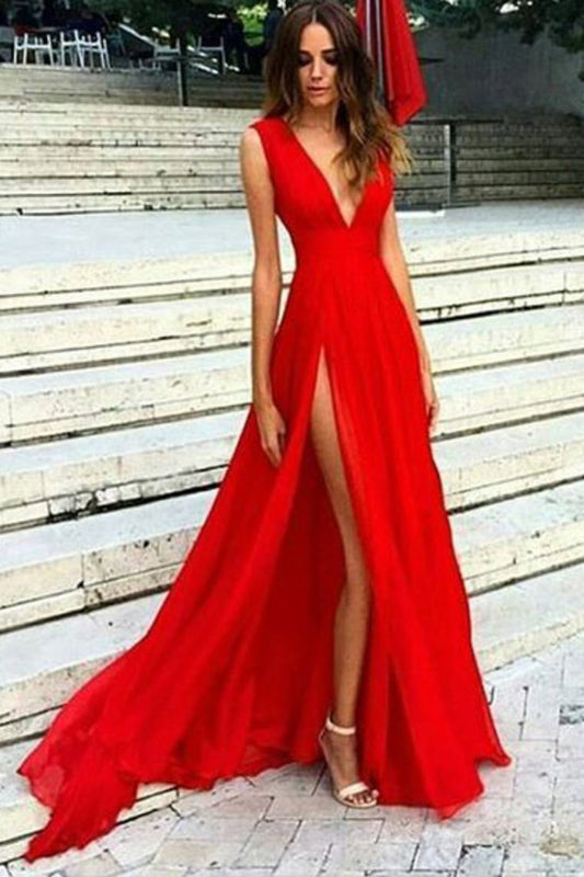 V Neck Chiffon With Slit A Line Sweep Train Prom Dresses