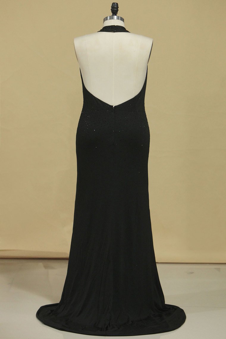 New Arrival Black Halter Prom Dresses Mermaid With Beading Black Spandex