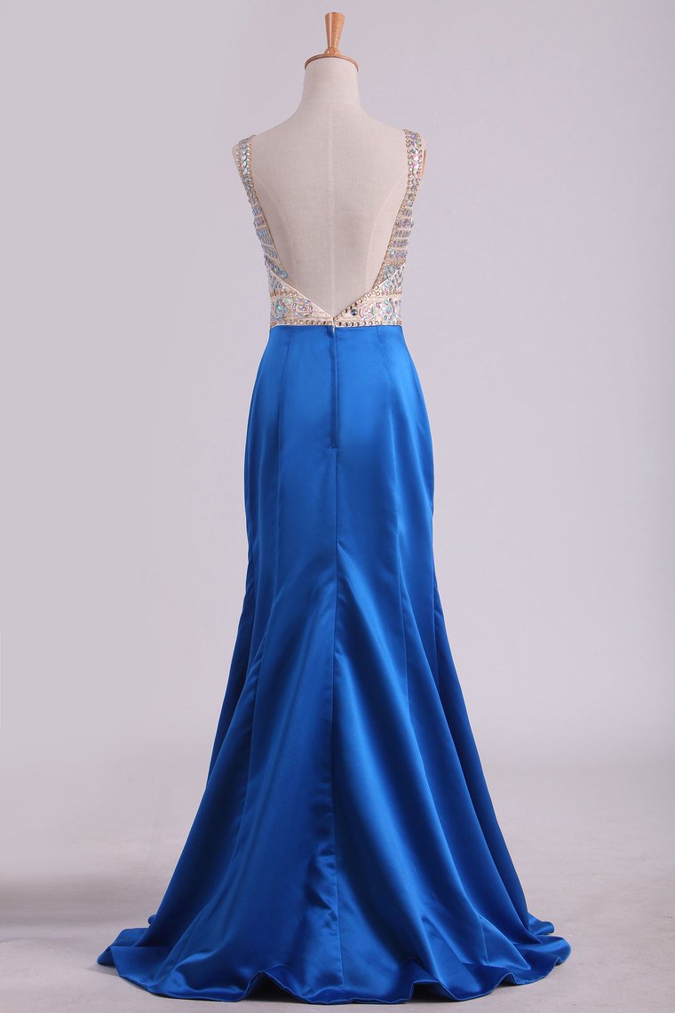 Prom Dresses Mermaid V Neck Open Back Satin & Tulle With Beading