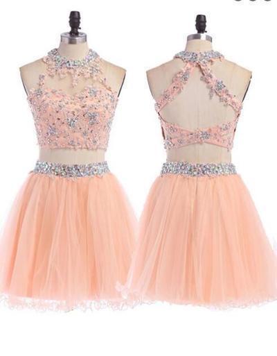 Peach Homecoming dress 2 pieces homecoming dress short homecoming dress WK897