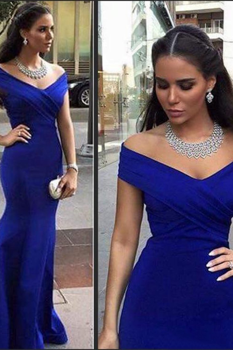 Prom Dresses Off The Shoulder Satin Mermaid Dark Royal Blue Sweep Train