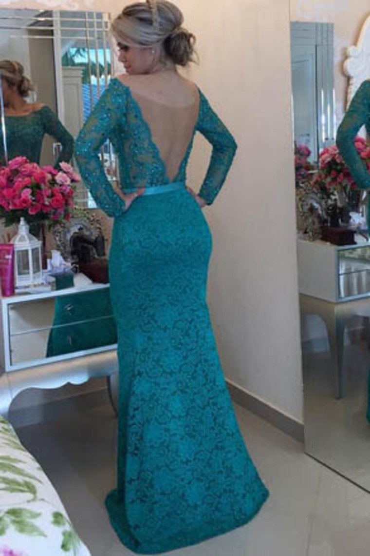 Long Sleeves Boat Neck Prom Dresses Mermaid Lace With Sash And Beads