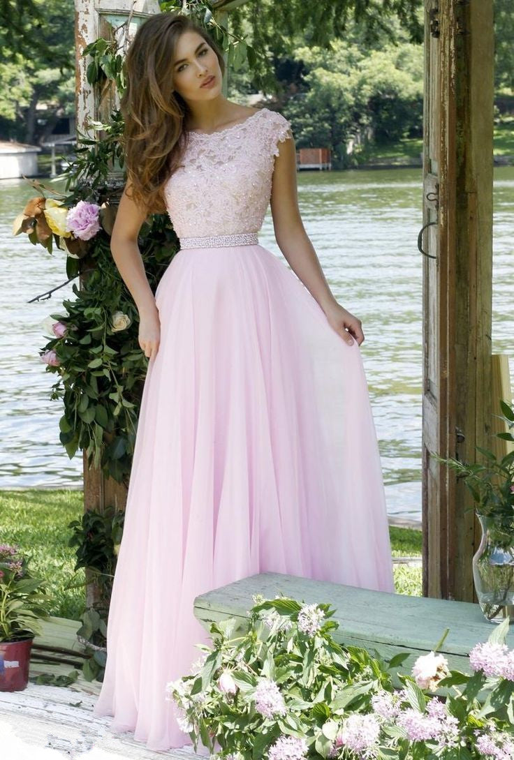 Pink Lace Bodice Prom Dresses Modest Long Evening Gowns For Formal Women Party Gown WK73