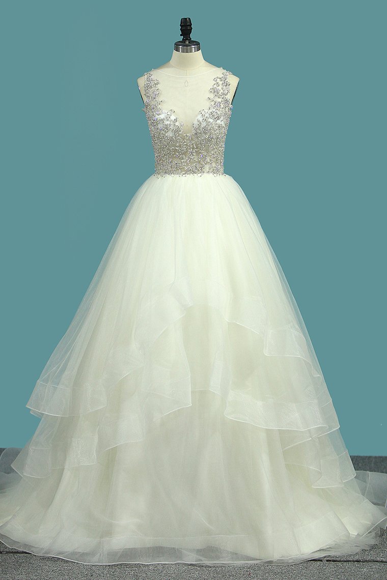 New Arrival A Line Tulle Scoop Beaded Bodice Wedding Dresses