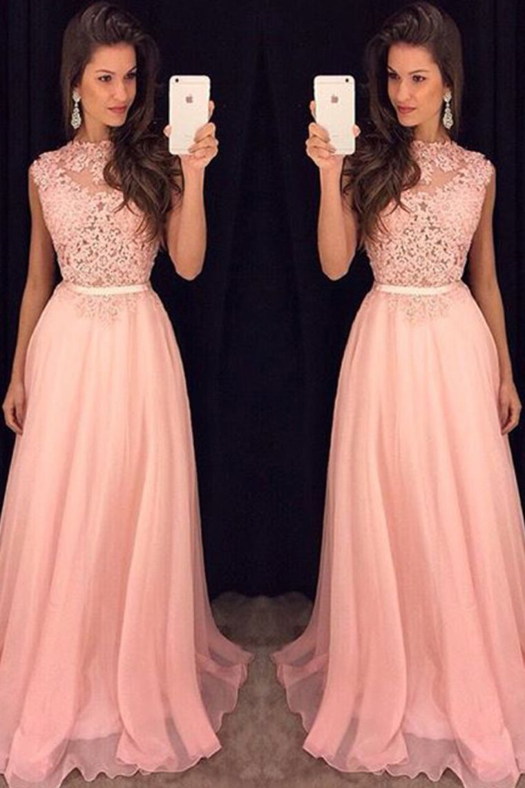 Prom Dresses Scoop A Line Chiffon With Applique Zipper Up