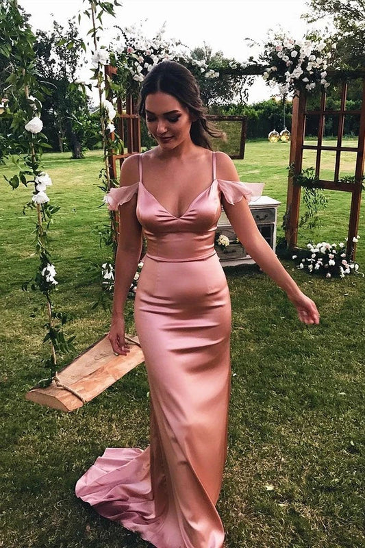 Unique Spaghetti Straps Pink Mermaid Prom Dresses Off the Shoulder Evening Formal Dresses SWK15468