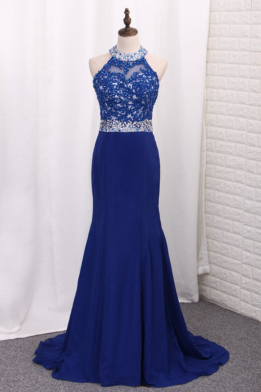 Prom Dresses Mermaid Scoop Chiffon With Applique And Slit