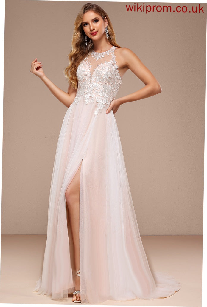 A-Line Dress Marlee Lace Sweep Beading Halter Sequins Wedding Train Wedding Dresses Tulle With