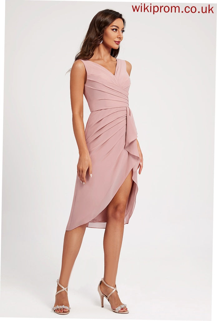 Ruffle Cocktail Dresses Roselyn Sheath/Column Dress V-neck With Chiffon Cocktail Asymmetrical Pleated