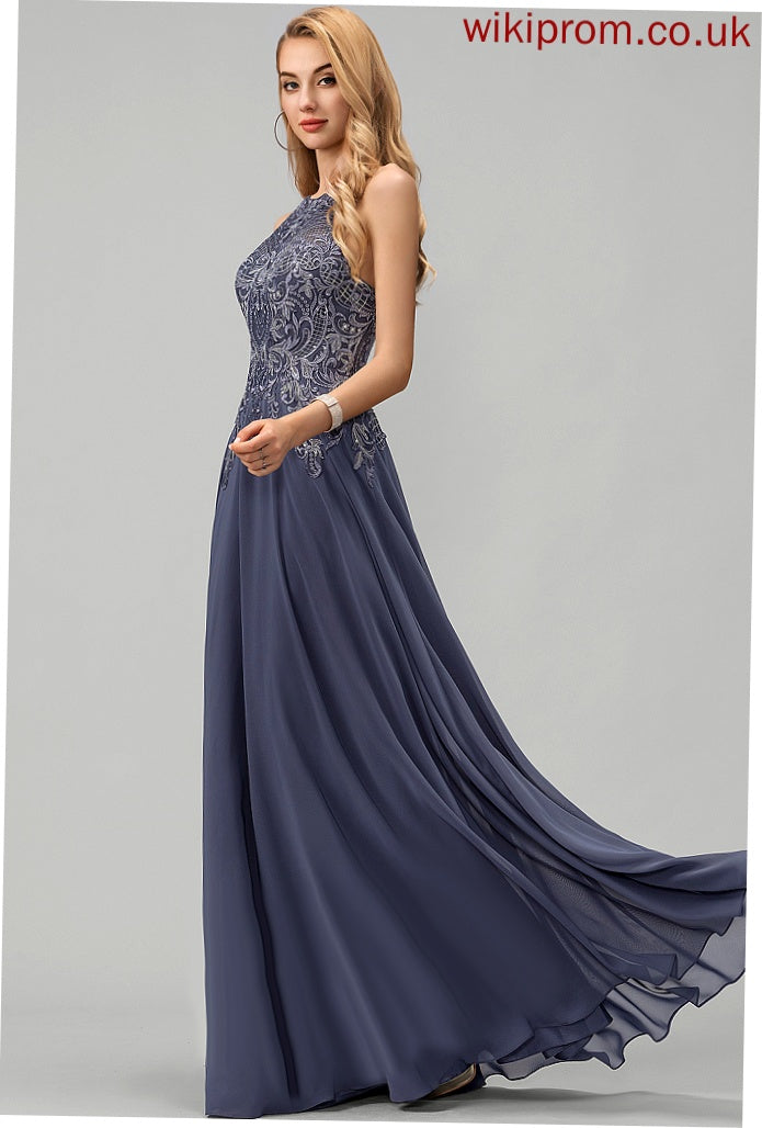 Lace With A-Line Scoop Chiffon Prom Dresses Floor-Length Sequins Kelsie