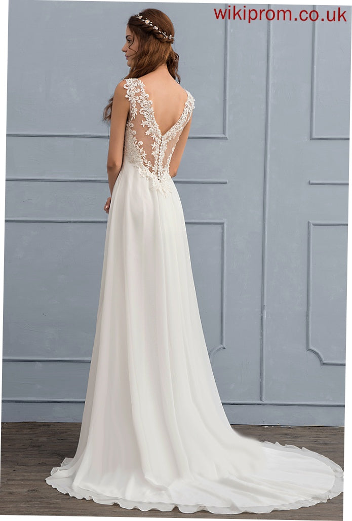 Beading Sequins Train Lace A-Line Court Dress Wedding Anabella V-neck Chiffon Wedding Dresses With