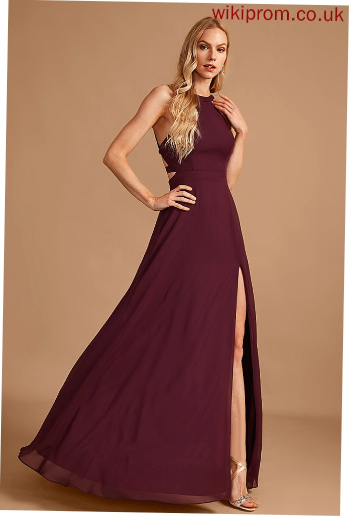 Neckline Fabric Floor-Length Embellishment Length Silhouette SplitFront A-Line HighNeck Genevieve A-Line/Princess Sleeveless Bridesmaid Dresses