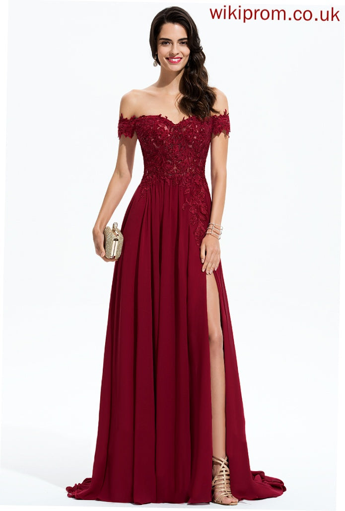 Prom Dresses Sequins Lace With Train Grace Chiffon Off-the-Shoulder A-Line Sweep